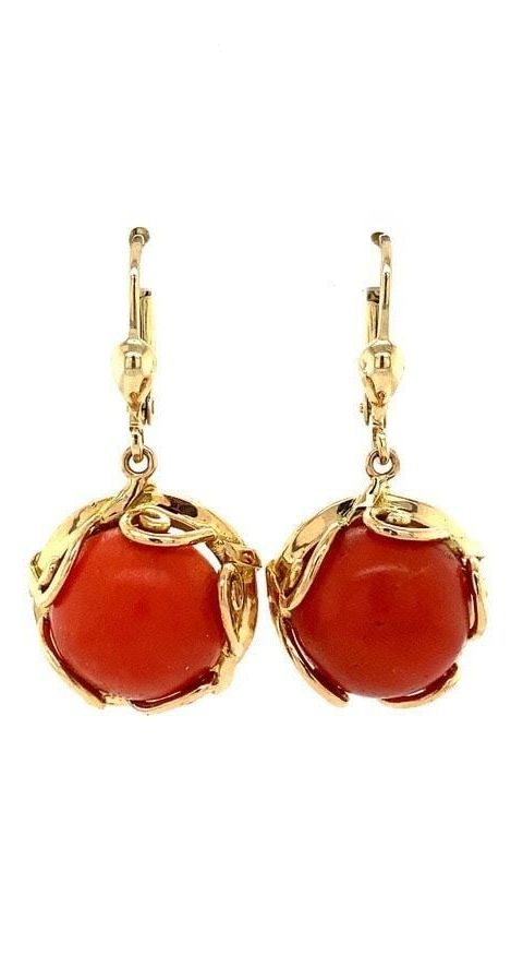 Vintage 14K Gold Drop Earrings with Red Coral